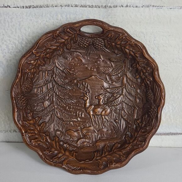 Mountain Deer Scene Bowl - English Oak Finish